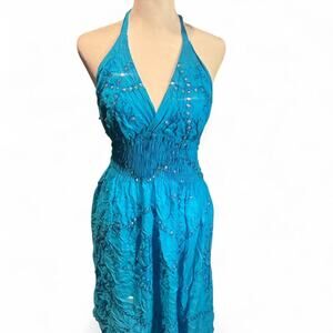 Turquoise beaded halter dress